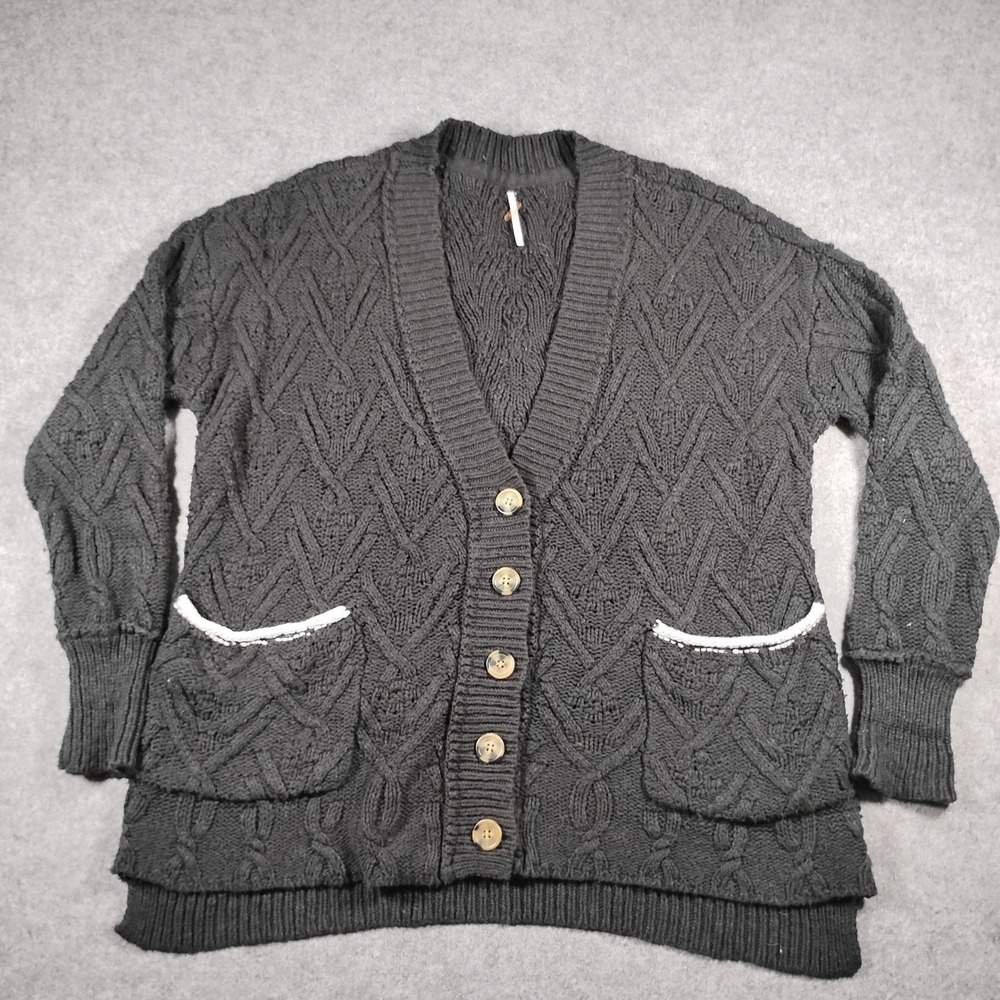 Free People Women's Montana Cable Cardigan Sweater Charcoal Black Cotton Blend S